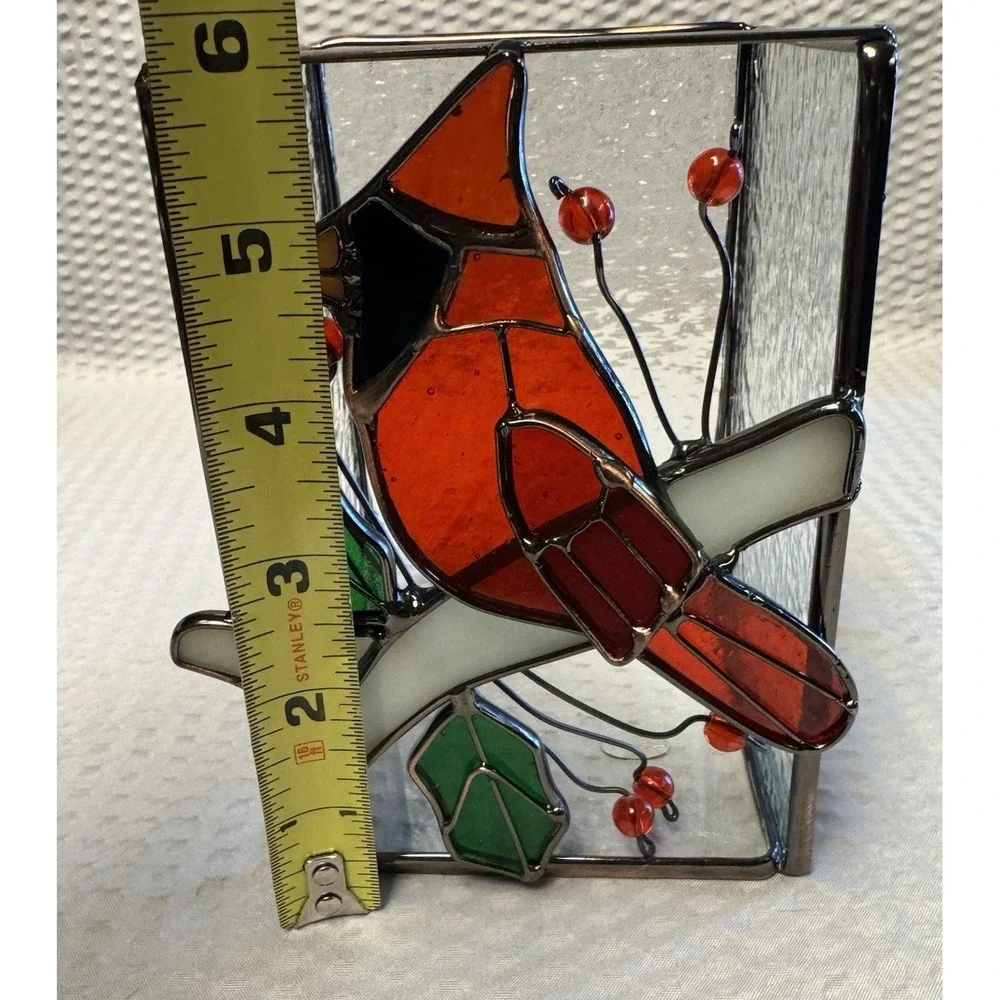 Stained Rectangle Glass and‎ Metal Cardinal Candle Holder Holly Berry Red Bird